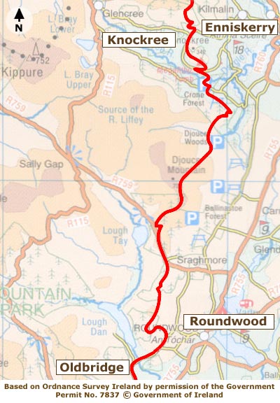 Knockree to Roundwood Map